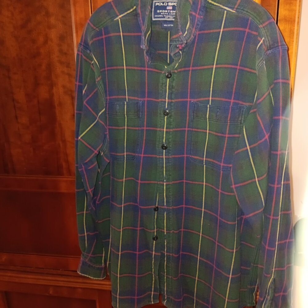 Vintage Polo Sportsman Classic Flannel Men's L – Fair Condition, Missing Sleeve